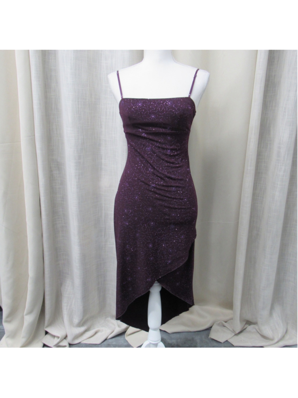 Vtg Jodi Kristopher Y2K Purple Glitter Ruched High Low Slip Dress Whimsigoth S